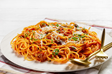 pasta alla norma on a white plate
