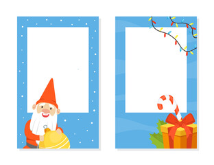 Christmas Gnome and Gifts with Blank Banners Set, Xmas Holidays Background, Greeting Card, Sale Advertising Poster Cartoon Vector Illustration