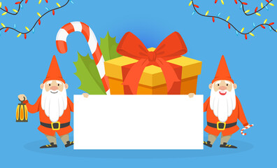 Christmas Gnomes Holding Blank Banner, Winter Holidays Background with Place for Text, Greeting Card, Sale Advertising Poster Vector Illustration