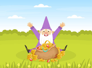 Cute Gnome Sitting on Lawn with Sack of Gemstones, Happy Funny Fairy Tale Dwarf on Summer Landscape Cartoon Vector Illustration