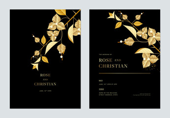 Floral wedding invitation card template design, golden Bougainvillea flowers with leaves on black