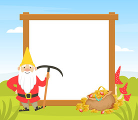 Funny Gnome with Blank Banner, Fairy Dwarf with Pickaxe and Gemstones, Background, Card, Advertising Poster Cartoon Vector Illustration
