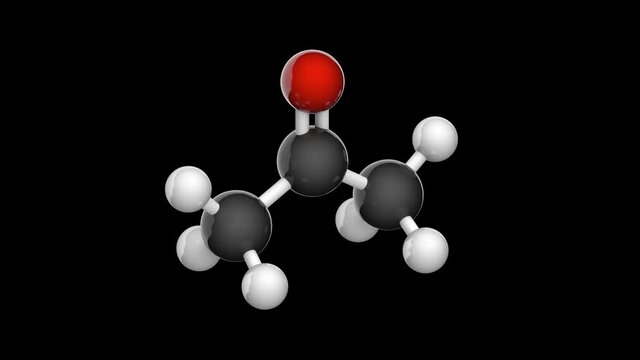 Structural chemical formula and molecular structure of acetone. Formule C3H6O. Colorless, volatile, flammable liquid. 3D render. Seamless loop. Isolated and rotating on black background.