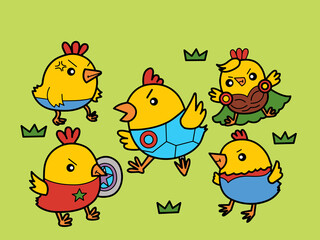 Chicken hero team on the grassland