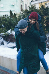 Couple in love on a walk on a winter day