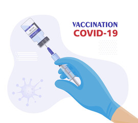 Treatment of Coronavirus Covid-19. A safe and effective vaccine. Syringe containing the medicine. Physician's hands in blue protective gloves. The concept of vaccination. Medical injection. vector
