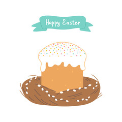 Easter cake and willow wreath isolated on white background. Vector Illustration flat style design.