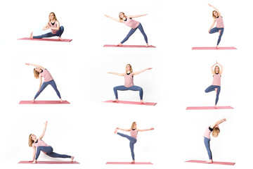Fototapeta na wymiar set of photos woman practicing yoga, white background. Sport concept. collage of several photos. beautiful slim woman in different yoga poses