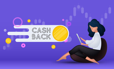 Bright purple Cashback banner. The girl sits on a pouf and holds a tablet. Concept on the topic of earnings. Vector illustration.