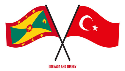 Grenada and Turkey Flags Crossed And Waving Flat Style. Official Proportion. Correct Colors.