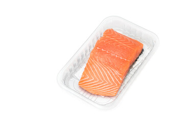 salmon on wooden board isolated, takeaway cooking process