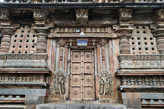 Ancient stone carved door of temple in Belur, India.
