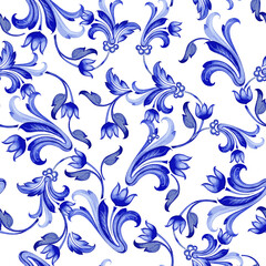 Blue floral watercolor texture pattern with flowers. 