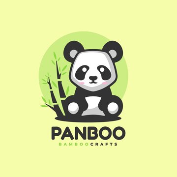 Vector Logo Illustration Panda Bamboo Simple Mascot Style.