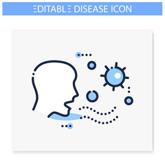 Airborne spread line icon. Disease spreading concept. Covid19, virus disease, influenza or flu transmission. Infection carrier, contagious person. Isolated vector illustration. Editable stroke 