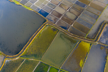 Aerial view of salt evaporation ponds in Aveiro, Portugal