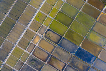 Aerial view of salt evaporation ponds in Aveiro, Portugal