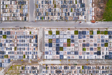Aerial view of graves in a cemetery