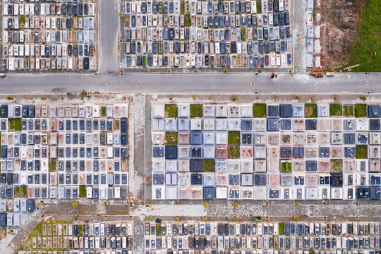 Aerial view of graves in a cemetery