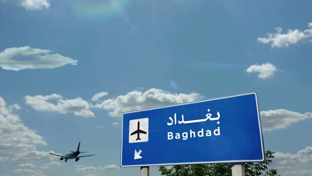 Jet airplane landing in Baghdad, Iraq. City arrival with airport direction sign. Travel, business, tourism and transport concept. 3D rendering animation.