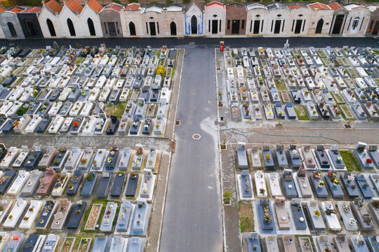 Aerial view of graves in a cemetery