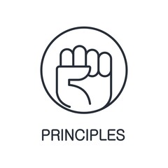 The hand is clenched into a fist. Principles. Vector linear icon isolated on white background.