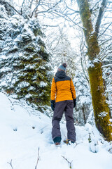 A Caucasian girl with a yellow jacket in the snowy forest of the Artikutza natural park in Oiartzun near San Sebastián, Gipuzkoa, Basque Country. Spain