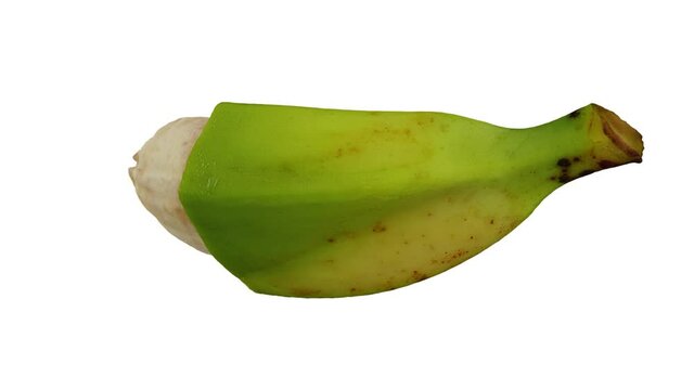 Realistic render of a spinning partially peeled Cooking Banana (Saba variety from Philippines)  on white background. The video is seamlessly looping, and the 3D object is scanned from a real banana.
