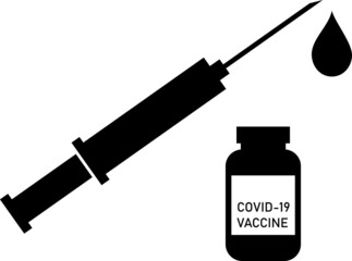 Syringe with Covid-19 vaccine bottle illustrating vaccination and immunization process. Injection shot with drug drop. Simple and clean vector design.
