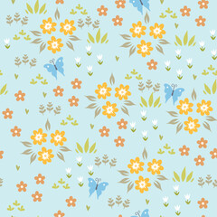 Seamless pattern with cute spring flowers. Vector graphics.