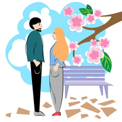Romantic date man and woman in the spring park. Love of young people. Meeting happy couple concept. Flat cartoon style.