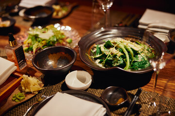 Luxury served evening banquet at modern restaraunt