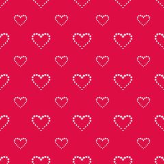 Seamless heart polka dot pattern, vector illustration. Geometric pattern. Geometric seamless ornament with white dotted hearts on red background