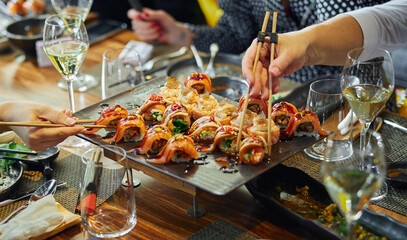 Luxury served evening banquet at modern restaraunt