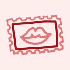 Valentines Day theme doodle icon of hand drawn mail postage stamp with lips shape isolated on a pink. Hand drawn line illustration