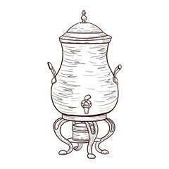 Vintage coffee maker for brewing coffee with small pea, contour drawing isolated on white background, stock vector illustration, for design and decoration, poster, sticker, template, copper cookware