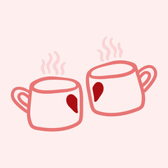 Valentines Day theme doodle icon of hand drawn two cups of tea of coffee with heart shape on a pink background.