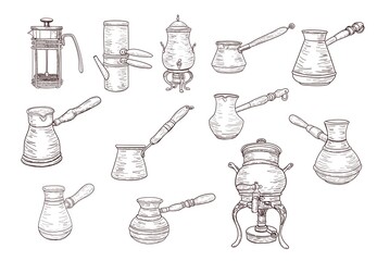 Coffee maker set, vintage coffee turks in sketch style, isolated outline, vector drawing, for design and decor, copper cookware, sticker, poster, banar, template