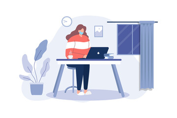 Fototapeta na wymiar Work at home concept. Freelance woman using facial mask working on laptop at her house. flat style vector illustration