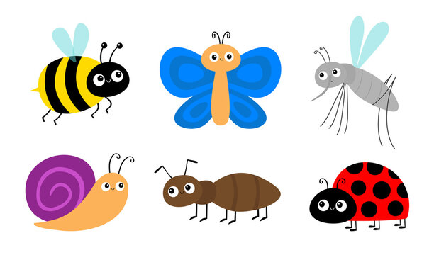 Ant, mosquito, bee bumblebee, butterfly, snail cochlea, lady bug ladybird flying insect icon set. Ladybug. Cute cartoon kawaii funny baby character. Happy Valentines Day. Flat design. White background