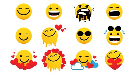 Face icons Emoji, heart emotions set Care. User experience happy. Love eyes emoticons.Vector Isolated flat illustration glasses Bad, client, service quality, angry, mad emoticon sticker. happy smile