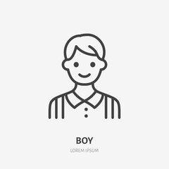 Boy flat line icon. Vector outline illustration of school kid. Black color thin linear sign for smile youth person