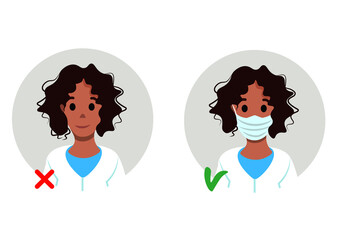 Afro woman doctor wearing medical mask with and without pandemic influenza Corona virus protection vector icon character