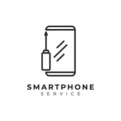 smart phone service logo design with smart phone and screwdriver combination icon illustration in line art style