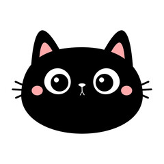 Black kitten face head round icon. Cute cat. Funny kawaii cartoon baby character. Happy Halloween. Notebook sticker print template. Flat design. White background. Isolated.