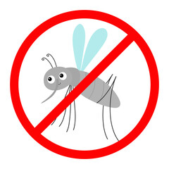 Mosquito. Prohibition prohibit Red stop sign icon. Cross line. Cute cartoon funny character. Insect collection. White background. Isolated. Flat design.