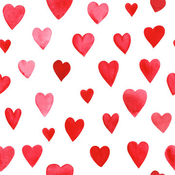 Beautiful Seamless pattern with red watercolor hearts on white background. Vector illustration