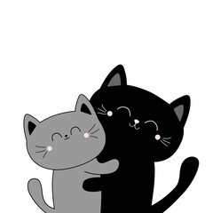 Black Gray contour cat hugging couple family. Hug, embrace, cuddle. Cute funny cartoon character. Happy Valentines day. Greeting card. Kitty kitten. Baby pet background. Flat design.