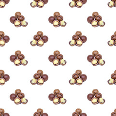Brown round macadamia nuts seamless pattern on light background.