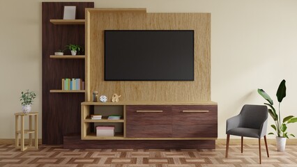 Modern TV room decorated with a TV table and beautiful plants.3d rendering.